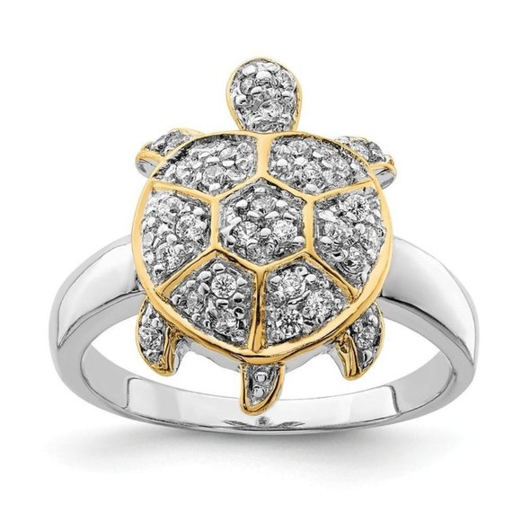 NOWT 925 Sterling Silver w gold accent AAAA+ CZ Turtle Ring Sz-6 - Picture 1 of 11